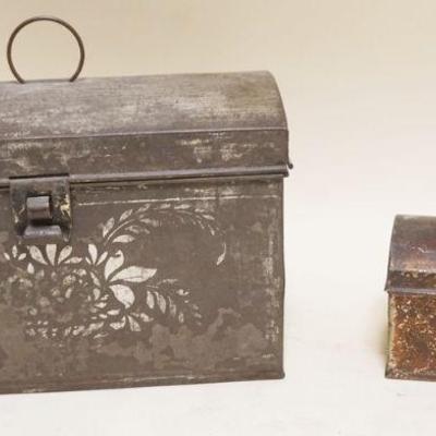 1096	2 ANTIQUE TIN HINGED DOME TOP BOXES W/HASPS, LARGEST APPROXIMATELY 9 IN X 5 IN X 5 1/2 IN HIGH
