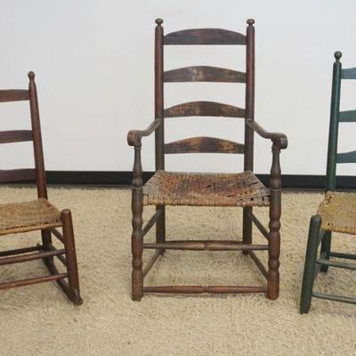 1274	GROUP OF 3 ANTIQUE LADDER BACK RUSH SEAT CHAIRS & ROCKER
