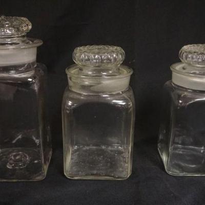 1295	LOT OF 3 COUNTRY STORE GLASS COUNTER TOP JARS, LARGEST APPROXIMATELY 11 IN HIGH
