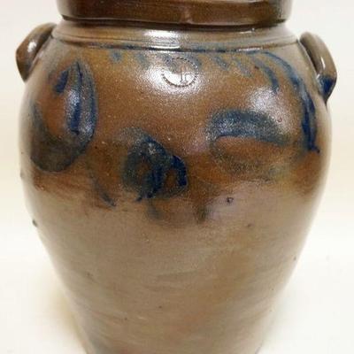 1083	4 GAL BLUE DECORATED STONEWARE CROCK W/TILT & FIRING DEFECTS, APPROXIMATELY 14 IN HIGH
