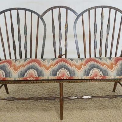 1292	PAINT DECORATED & STENCILED WINDSOR STYLE OAK BENCH, TRIPLE HOOP BACK , SOME PAINT LOSS, APPROXIMATELY 60 IN X 17 IN X 38 IN HIGH
