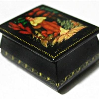 Lot 101   
Vintage Russian Trinket Box Palekh Miniature Hand Painted by Krovyakova E