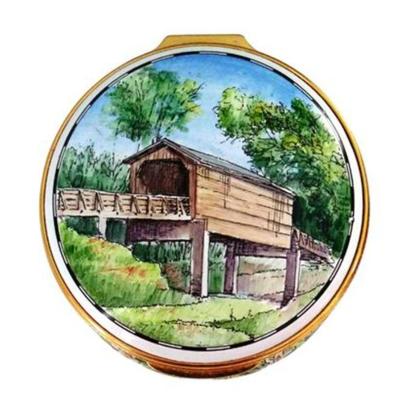 Lot 040  
Covered Bridge Midwest Enamel Trinket Box Hand Crafted Signed by Artist