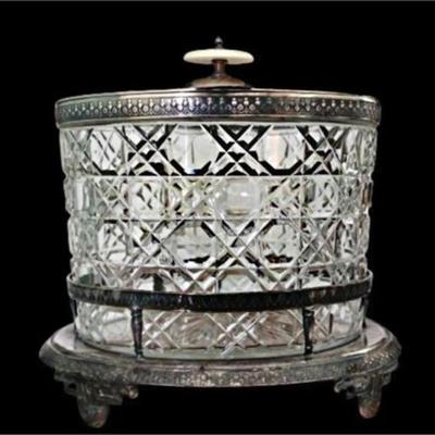 Lot 042  
Antique Silver Biscuit Box Hand Cut Glass Ca 1880's England