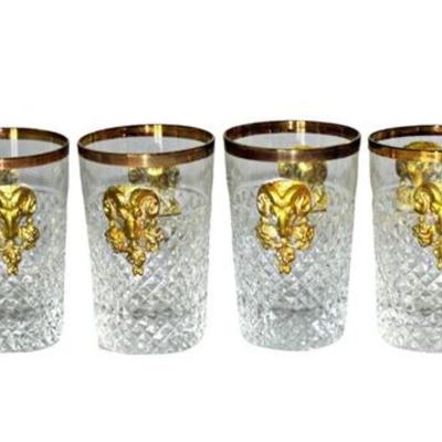 Lot 092  
Vintage French Diamond Point Shot Glasses with Gold Tone Metal Ram Heads 4