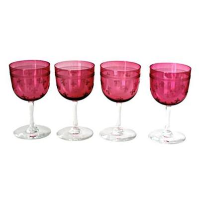 Lot 108  
Antique French Crystal Pink Cranberry Wine Glasses Etched Fleur De Lis