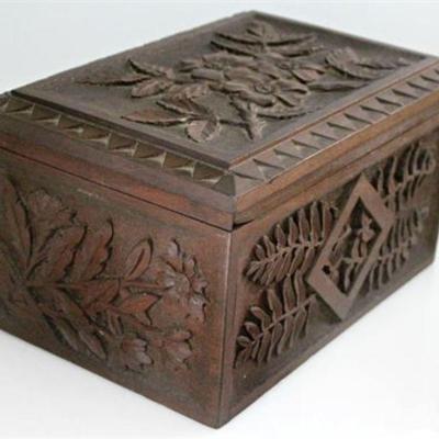 Lot 080   
Vintage Wooden Box Hand Carved Large Document Box