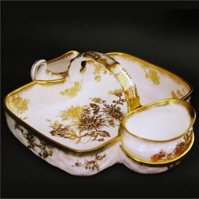 Lot 097 
Vintage English Porcelain White and Gold Basket Creamer Sugar Bowl