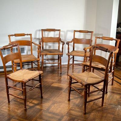 (6PC) HITCHCOCK STYLE DINING CHAIRS | Including 4 armchairs and 2 dining chairs with turned wood backs. - l. 21 x w. 18.5 x h. 35.5 in 
