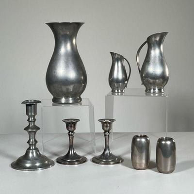 (9PC) DUTCH AND OTHER PEWTER | Including two pitchers and an open creamer by Daalderop, two heavy Dansk vases, three candlesticks, and a...