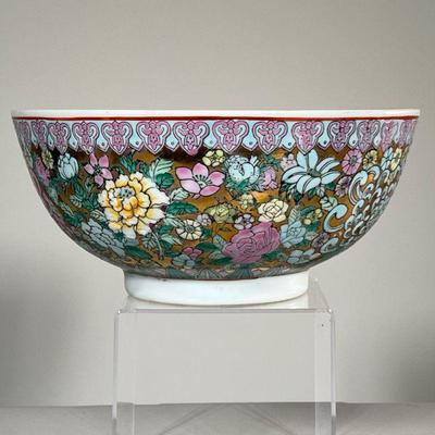 JAPANESE CENTER BOWL | With pink flowers and gilt highlights. - h. 4.75 x dia. 10 in 