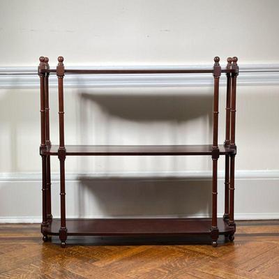 (2PC) PAIR MAHOGANY ETAGERE | Pair of small shelf sets with three tiers, Bombay company tag. - l. 30.5 x w. 8.5 x h. 29 in 