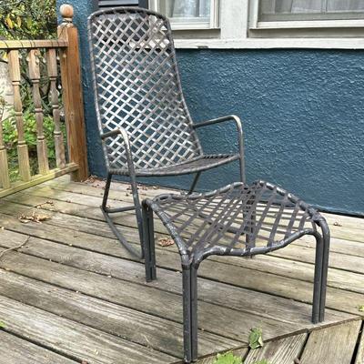 BROWN JORDAN ROCKER & OTTOMAN | Bent tube aluminum frame with woven strap body outdoor rocker and foot rest. - l. 29.5 x w. 21.5 x h. 43 in 