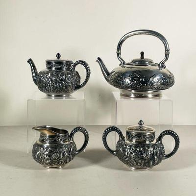 (4PC) SILVER PLATED TEA SET | Including one large silver tea pot, and three smaller Quadruple Plate Hard White Metal dish trio. - l. 8 x...