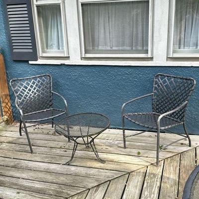 (3PC) BROWN JORDAN PATIO SET | Small outdoor patio set including 2 aluminum and woven arm chairs and a round metal table. - l. 22.5 x w....