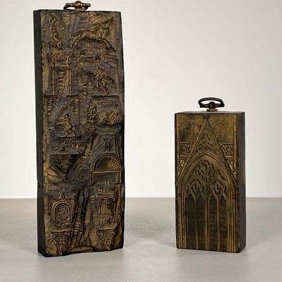 (2PC) ENGRAVING BLOCKS | One of a cathedral window, unmarked, the other with Greek motifs, numbered on back. - w. 2.5 x h. 7 in (Largest) 