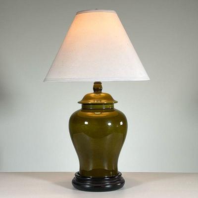 GREEN CERAMIC LAMP | Lidded ceramic vase mounted to wooden base. - h. 23 x dia. 14.5 in 