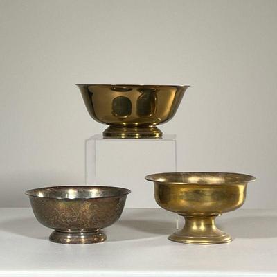 (3PC) REVERE STYLE BOWLS | Including a copper Revere bowl, silver plated Revere bowl, and a brass pedestal bowl. - dia. 8 in (Largest) 