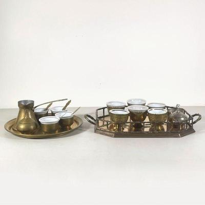 (2PC) PAIR TURKISH COFFEE SETS | Including; 10 Turkish coffee cups in brass holders with 2 sugar bowls, 1 coffee pot, and 2 brass trays....
