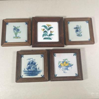 (5PC) DECORATIVE FRAMED TILES | Including various floral designs, 3-masted ship, and fruit bowl. - l. 6.5 x h. 6.5 in 