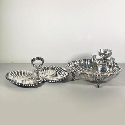 (2PC) FLORAL SILVER PLATE SERVING PLATTER | One un-tagged with center handle. One deeper with a â€œCrescentâ€ tag and a separate...