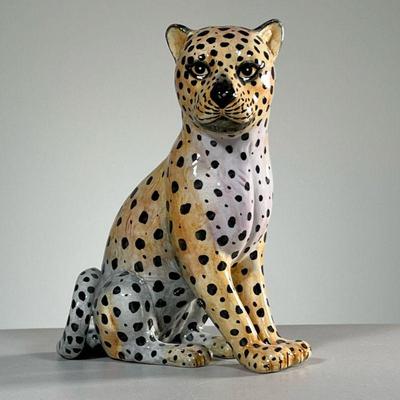 ITALIAN CERAMIC LEOPARD | Hand-painted, marked Italy on the bottom. - l. 7 x w. 4 x h. 8.75 in 