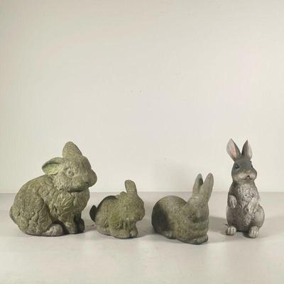 (4PC) RABBIT GARDEN GNOMES | Including; 2 cement rabbit figurines and 2 composite rabbit figurines - one painted. - l. 8 x w. 5.5 x h....