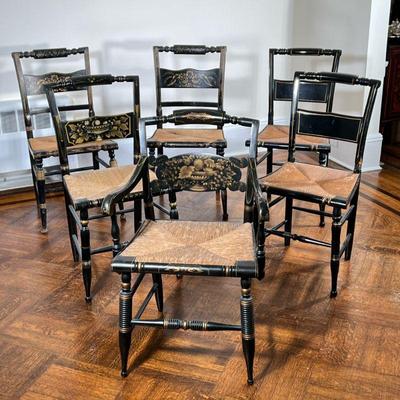 (6PC) STENCIL HITCHCOCK DINING CHAIRS | Black Hitchcock style dining chairs. Four with floral stenciling and two plain backed. - l. 22 x...
