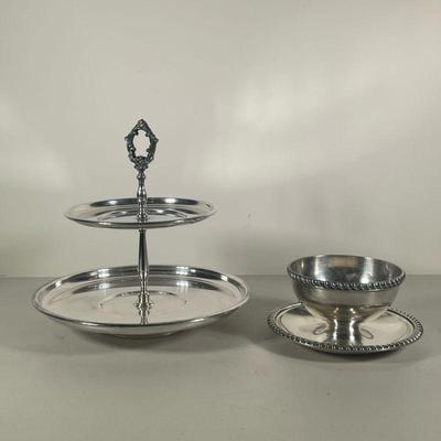(2PC) SILVER PLATE SERVING TOWER | One silver serving tower with two levels and a Sheridan tag and one serving dish. - h. 11 x dia. 11.5 in 