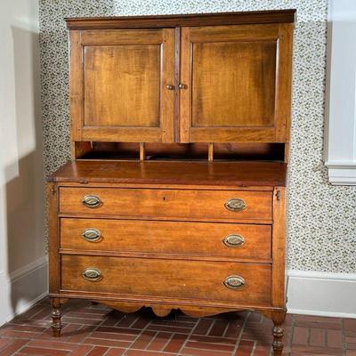 MAHOGANY HUTCH WITH FLIP TOP | Wide mahogany hutch with 3 shelf top cupboard, open middle shelf leading to flip top writing desk about 3...