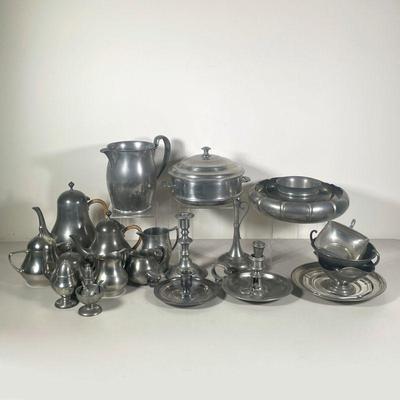 DUTCH PEWTER COLLECTION | Royal Holland Daalderop and other pewter, including a teapot and coffee pot with rattan wrapped handles. - h....