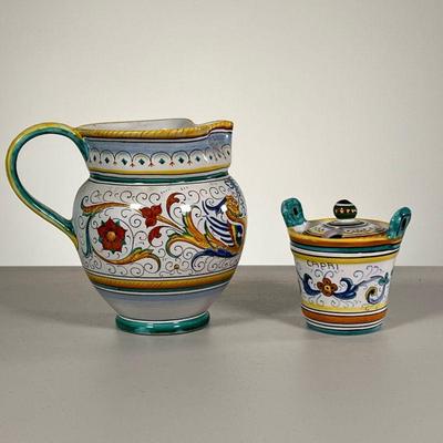 (2PC) ITALIAN FAIENCE POTTERY | Including a capri mustard jar and an open pitcher. - l. 8 x h. 7 in 