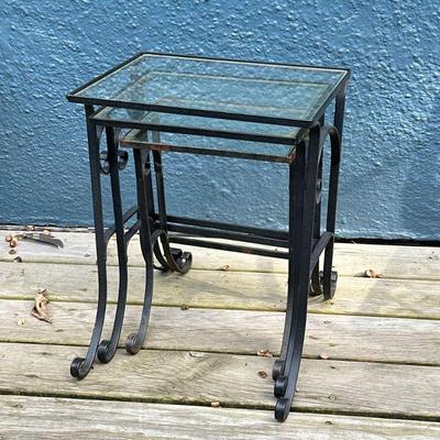 (3PC) GLASS TOP NESTING TABLES | Wrought iron and glass top nesting tables. - l. 18.5 x w. 16 x h. 21 in (largest) 