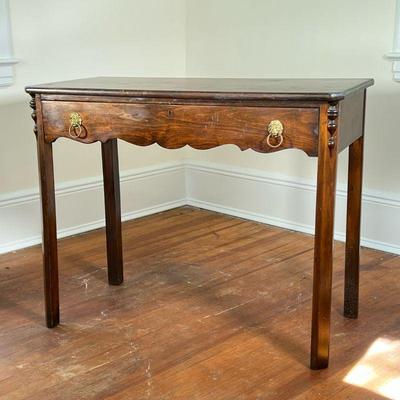 SMALL WRITING DESK | Single drawer with lions head pulls. - l. 38 x w. 18.5 x h. 30 in 