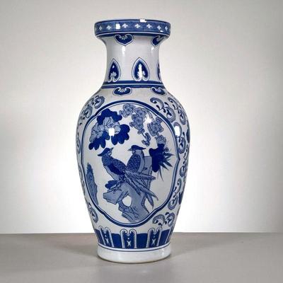 LARGE CHINESE VASE | Blue and white porcelain vase decorated with loving birds in reserve. - h. 19 x dia. 9 in 