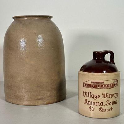 (2PC) SMALL CROCKS | One large ceramic crock and one small ceramic crock from Village Winery Amana Iowa. - h. 10.5 x dia. 8 in 