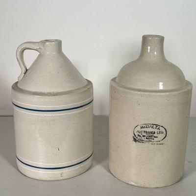 (2PC) MEDALTA & OTHER CROCK | Large ceramic crocks, one plain and one with blue striping. - h. 12.5 x dia. 8 in 