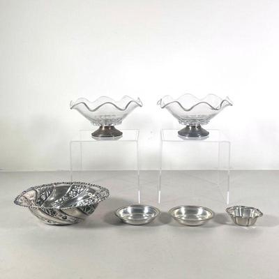 (6PC) STERLING SILVER BOWLS | With a small floral dish, a pair of ridged dishes, a larger floral dish and a pair of glass dishes with...