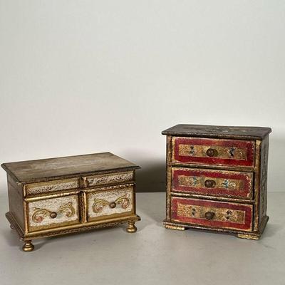 DIMINUTIVE JEWELRY BOXES | Including gilt music box jewelry box with mirror on inside lid and small velvet tray, and 3-drawer small...