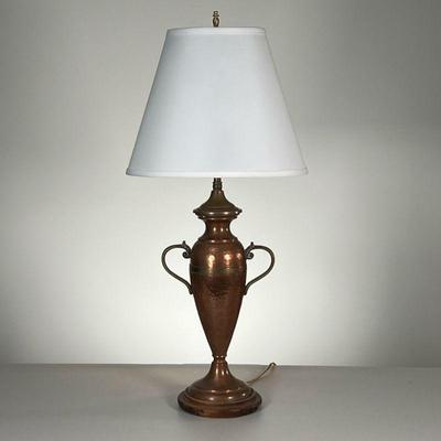 HAMMERED COPPER TABLE LAMP | Hammered copper reef with brass handles mounted as a table lamp. - h. 25.5 x dia. 12 in (overall with shade) 