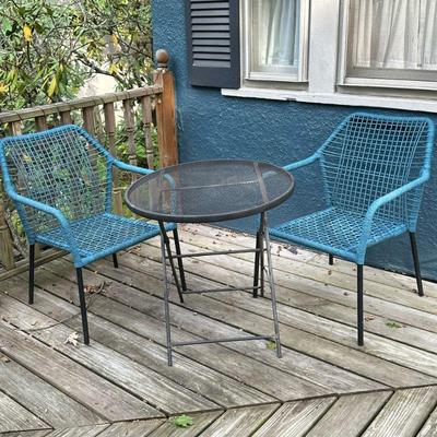 (3PC) BISTRO PATIO SET | Including 2 blue woven chairs with rope-wrapped frame and folding outdoor circular metal table. Table dim: h....
