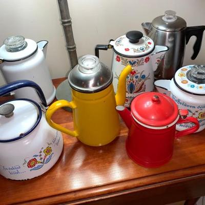 COLORFUL TEA POTS AND COFFEE PERKERS
