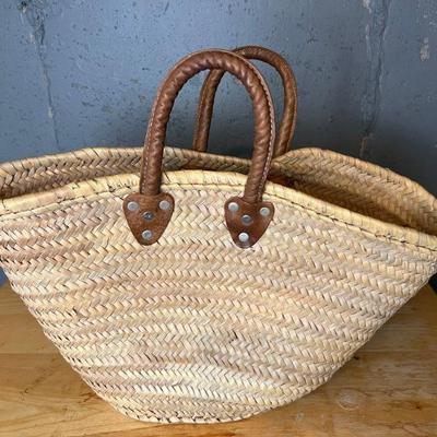 Straw Market Basket Tote With Leather Handles