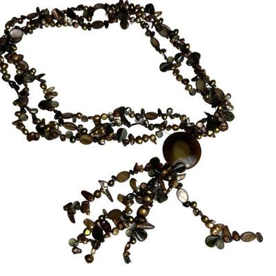 Natural Agate & Shell Very Long Beaded Necklace