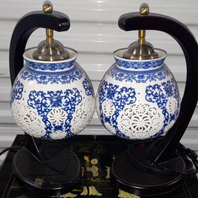 Pair if hanging  table top Chinese blue white lamps $50