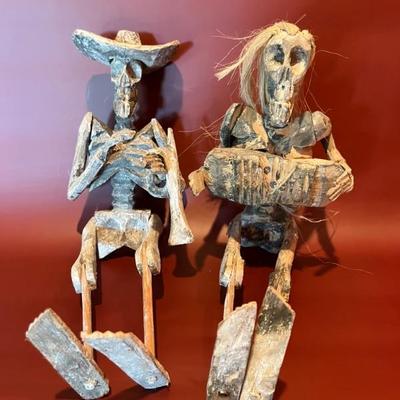 Mariachi band skeletons carved out of cactus wood from Oaxaca, Mexico