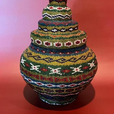 beaded jar with cover, glass beads over a woven rattan basket, Indonesia