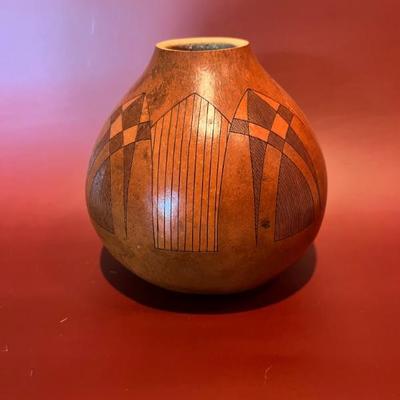 decorated incised gourd vase, Native American, signed