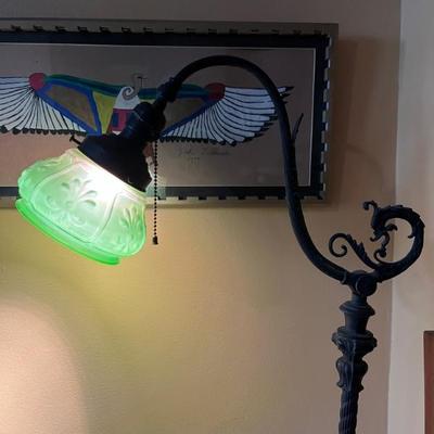 antique iron bridge lamp with green glass shade