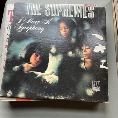 Lots of vintage vinyl LP records--rock, jazz, classical, including Beatles, Bob Dylan, Beach Boys, Temptations, Diana Ross, Coltrane,...